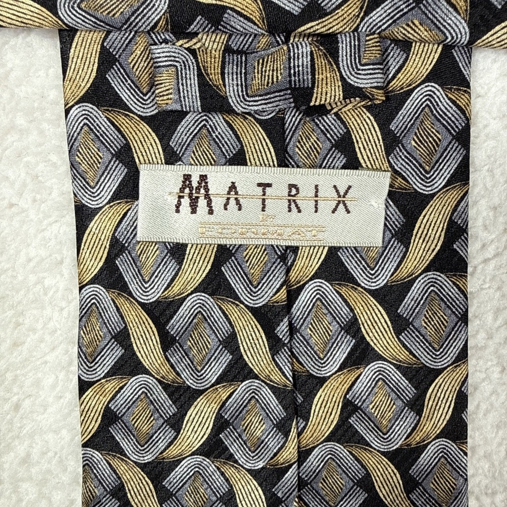 Vintage Matrix Silk Tie Mens Metallic Gold Silver Grey Geometric Pattern‎ USA
